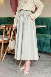 Lamelif Cep Detaylı Kloş Keten Etek Mint Yeşili