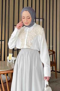 Lamelif Dantel Detaylı Gömlek Beyaz