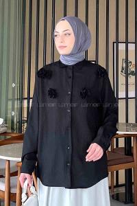 Lamelif Gül Detaylı Keten Gömlek Siyah
