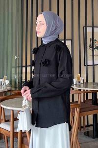 Lamelif Gül Detaylı Keten Gömlek Siyah