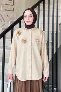 Lamelif Gül Detaylı Keten Gömlek Sütlü Kahve