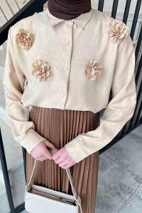 Lamelif Gül Detaylı Keten Gömlek Sütlü Kahve