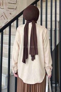 Lamelif Gül Detaylı Keten Gömlek Sütlü Kahve