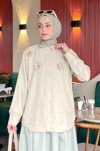 Lamelif Gül Detaylı Keten Gömlek Taş Rengi