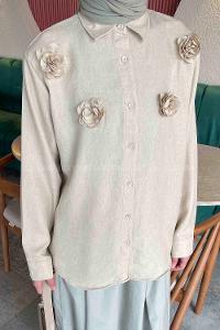 Lamelif Gül Detaylı Keten Gömlek Taş Rengi