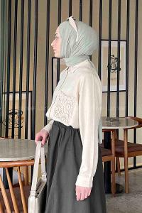 Cream Shirt Collar Long Arm Viscose Fabric Unprinted Shirt