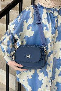 Lamelif Üç Bölmeli Buzzy Kumaş Kadın Omuz Çantası Lacivert