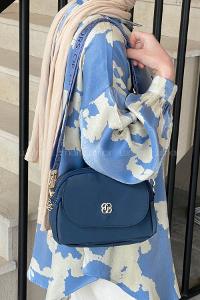 Lamelif Üç Bölmeli Buzzy Kumaş Kadın Omuz Çantası Lacivert