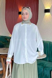 Lameliif Yaka ve Kol Gold Güpür Detaylı Gömlek Beyaz