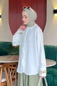 Lameliif Yaka ve Kol Gold Güpür Detaylı Gömlek Beyaz