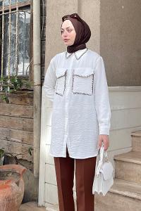 Lamelif Çoban Dikişli Keten Gömlek Beyaz