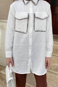 Lamelif Çoban Dikişli Keten Gömlek Beyaz