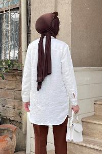 Lamelif Çoban Dikişli Keten Gömlek Beyaz