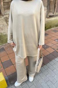 Beige Crew Neck Long Arm Without Accessories Combed Fabric Regular Trousers Comfortable Suit