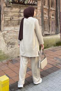 Beige Crew Neck Long Arm Without Accessories Combed Fabric Regular Trousers Comfortable Suit