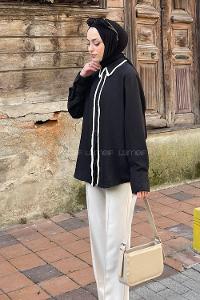 Lamelif Saçaklı Keten Gömlek Siyah