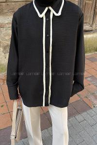 Lamelif Saçaklı Keten Gömlek Siyah