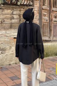 Lamelif Saçaklı Keten Gömlek Siyah