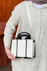 Lamelif Şerit Detaylı Keten El Ve Omuz Çantası Krem Siyah