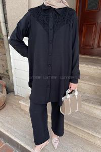 Black Shirt Collar Long Arm Linen Regular Trousers Linen Suit