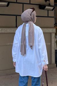 Lamelif Tek Cep Detaylı Çizgi Geçişli Gömlek Beyaz