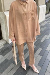 Lamelif Tek Cep Detaylı İkili Keten Tesettür Takım Sütlü Kahve