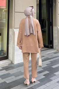 Lamelif Tek Cep Detaylı İkili Keten Tesettür Takım Sütlü Kahve