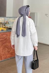 Lamelif Çizgi Desenli Cepli Gömlek Gri