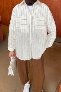 Lamelif Çizgi Desenli Cepli Gömlek Sütlü Kahve