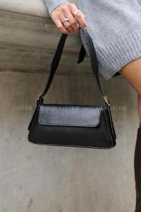 Lamelif Deri Görünümlü Omuz Çantası Kadın Siyah