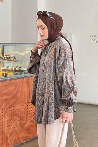 Lamelif Leopar Desenli Saten Gömlek Kahverengi