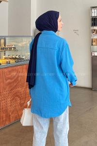 Blue Shirt Collar Long Arm Cotton Unprinted Shirt