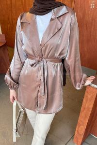 Soft Brown Scarf Neck Long Arm Viscose Fabric Jacket