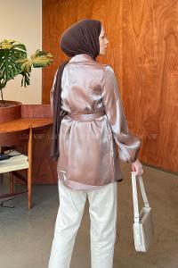 Soft Brown Scarf Neck Long Arm Viscose Fabric Jacket