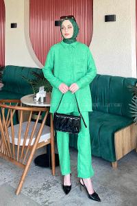 Green Shirt Collar Long Arm Cotton Lycra Regular Trousers Suit