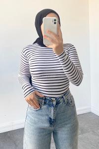 Lamelif Yarım Balıkçı Yaka Çizgili Body Beyaz