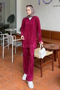 Sour Cherry Shirt Collar Long Arm Viscose Fabric Regular Trousers Comfortable Suit