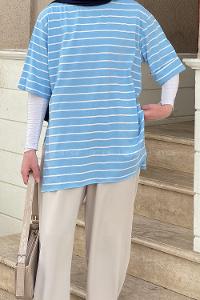 Baby Blue Crew Neck Half Arm Arm Cotton Printed T-shirt