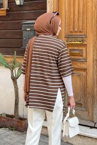 Lamelif Çizgi Desenli T-Shirt Kahverengi