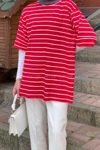 Red Crew Neck Half Arm Arm Cotton Printed T-shirt