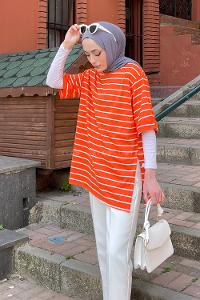 Lamelif Çizgi Desenli T-Shirt  Turuncu