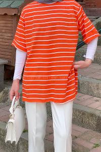 Lamelif Çizgi Desenli T-Shirt  Turuncu