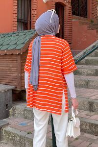 Lamelif Çizgi Desenli T-Shirt  Turuncu