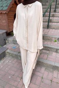 Lamelif İkili Gofre Tesettür Takım Bej