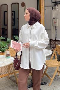 White Shirt Collar Viscose Fabric Unprinted Tunic