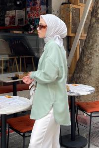 Plum Green Shirt Collar Viscose Fabric Unprinted Tunic