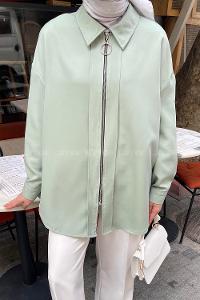 Plum Green Shirt Collar Viscose Fabric Unprinted Tunic