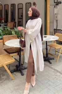 Cream V Neck Short Arm Linen Cardigan