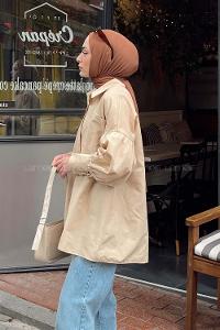 Beige Shirt Collar Long Arm Poplin Fabric Unprinted Shirt