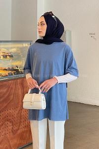 Lamelif Yan Yırtmaç Detaylı Duble Kol T-Shirt İndigo